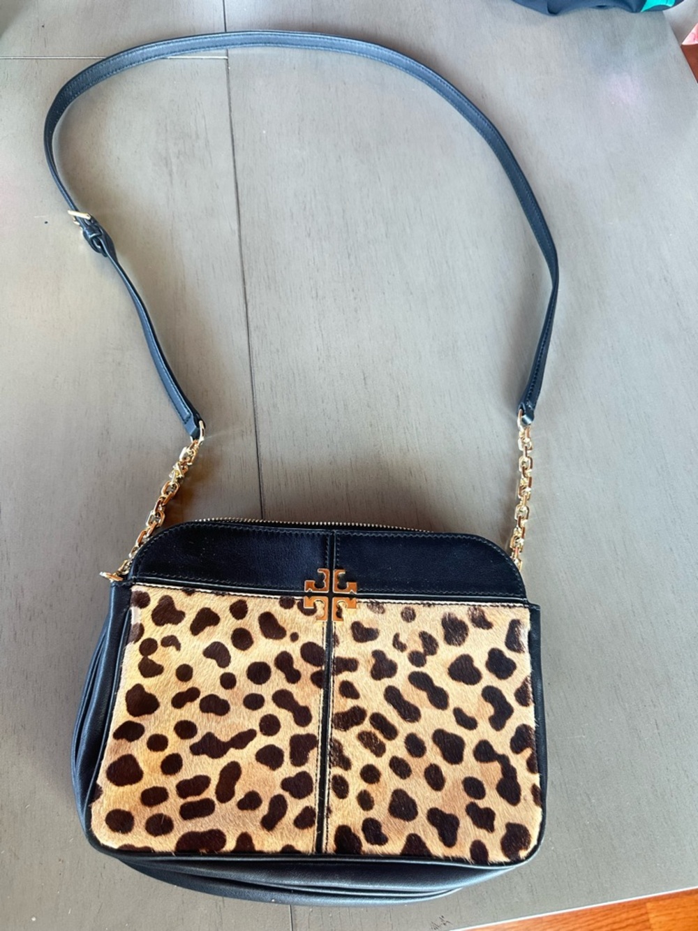 Tory Burch Leopard Print Hair Calf Crossbody Bag with Gold Accent